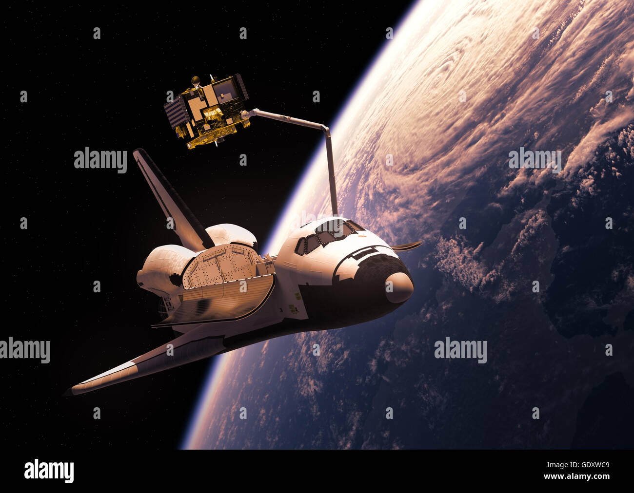 Space Shuttle Deploying Satellite Stock Photo