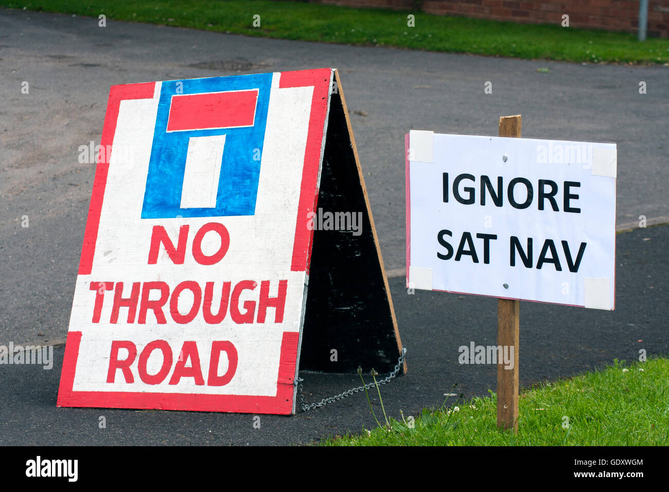 Home Made Signs Warning of Sat Nav Error Stock Photo