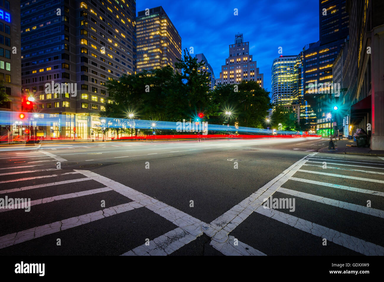 An intersection and crosswalks in the Financial District at night, in Boston, Massachusetts. Stock Photo