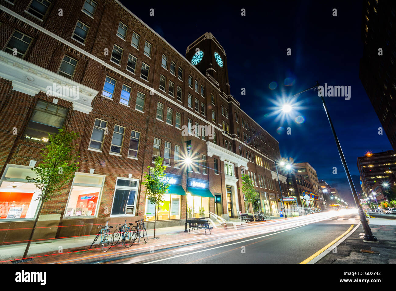 Buildings at Kendall Square at night, in Cambridge, Massachusetts. Stock Photo