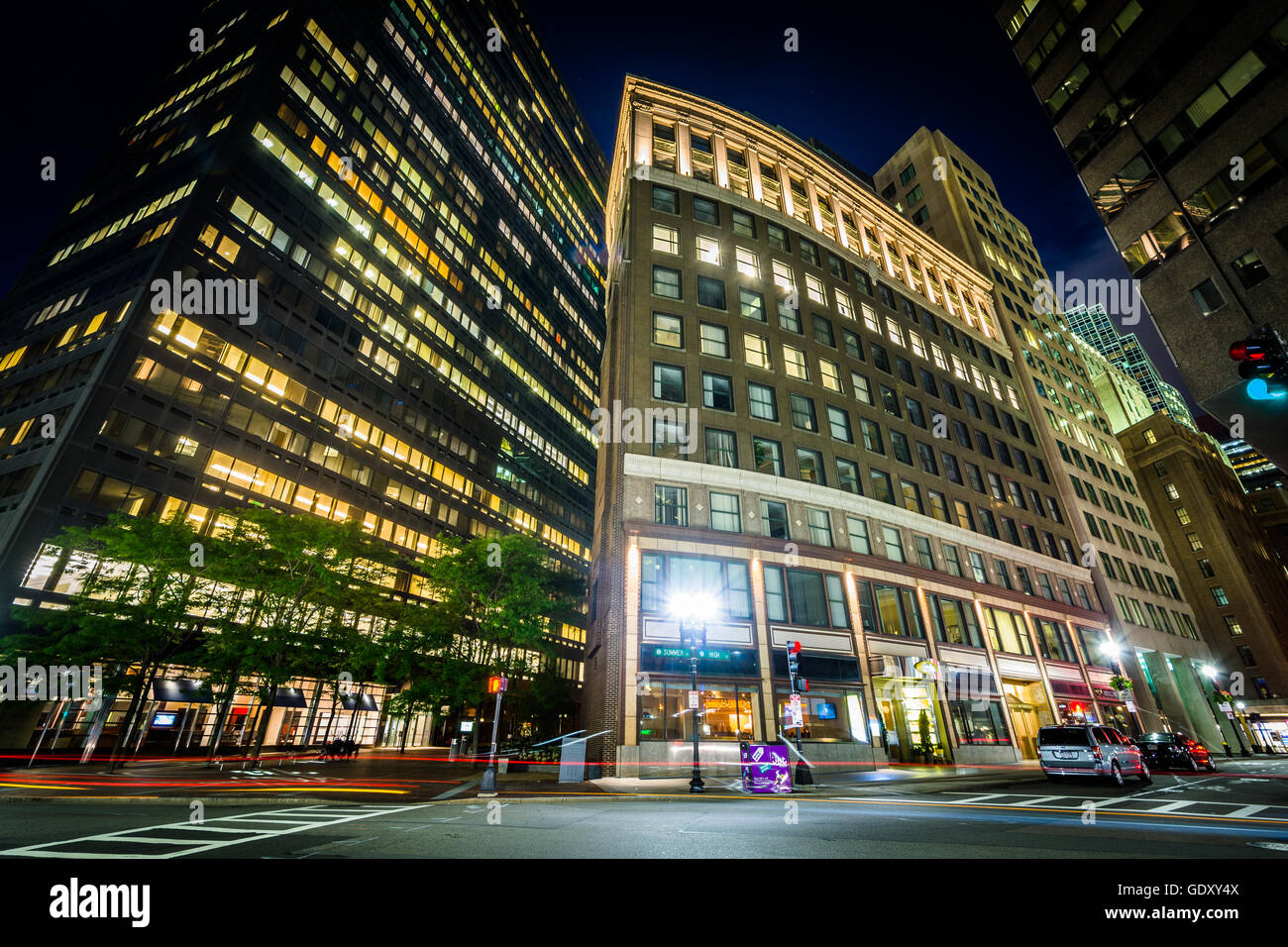Buildings in the Financial District at night, in Boston, Massachusetts. Stock Photo