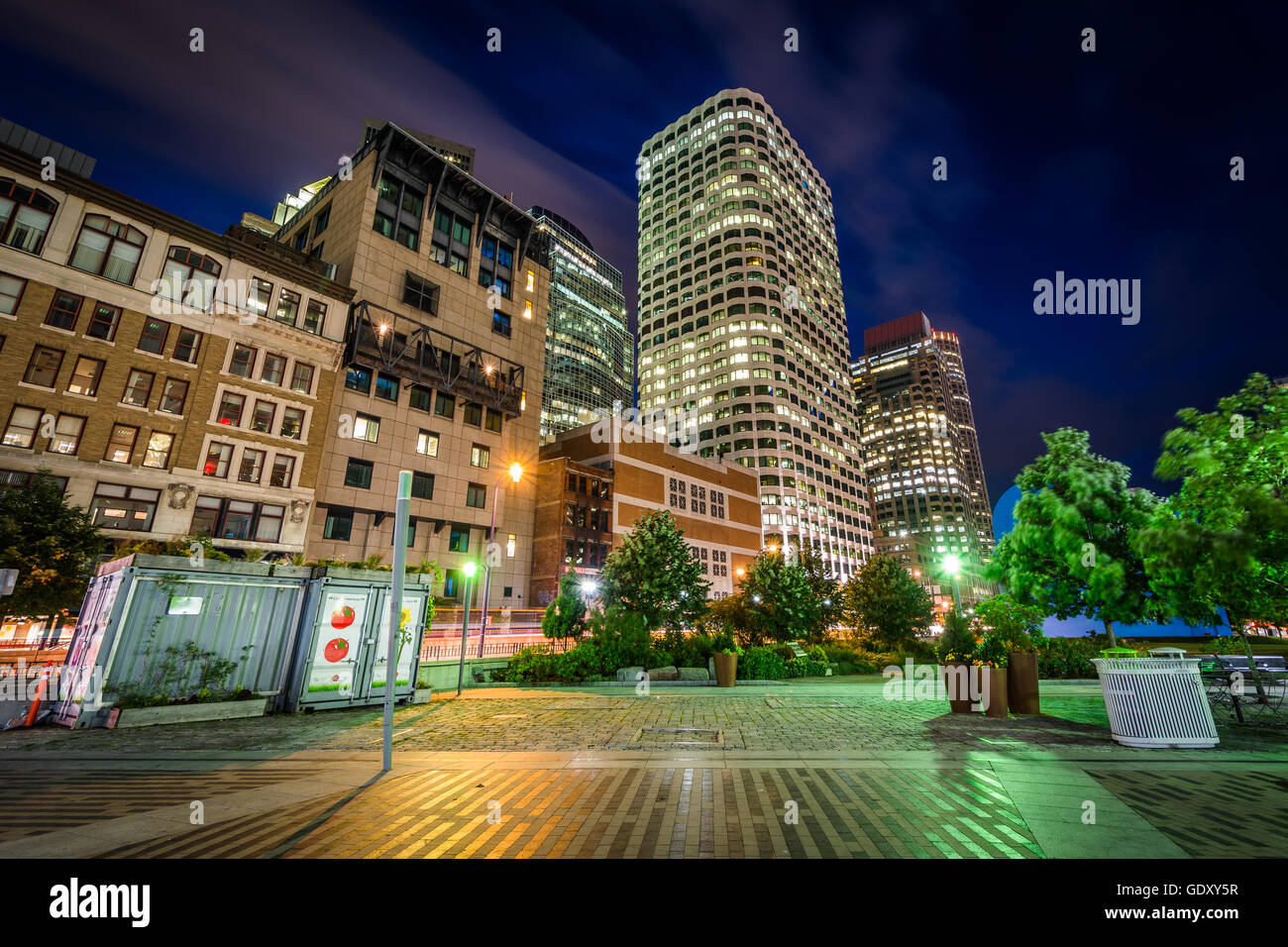 Highrises and the Federal Reserve Plaza Park at night, in the Financial District, Boston, Massachusetts. Stock Photo