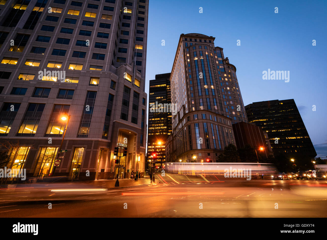 Long exposure of traffic and buildings in the Financial District at night, in Boston, Massachusetts. Stock Photo