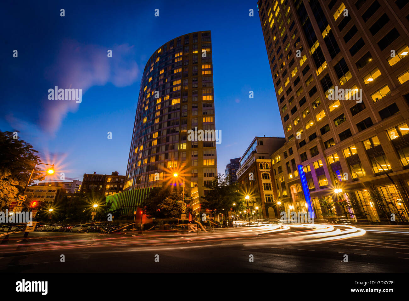 Long exposure of traffic and buildings in the Financial District at night, in Boston, Massachusetts. Stock Photo