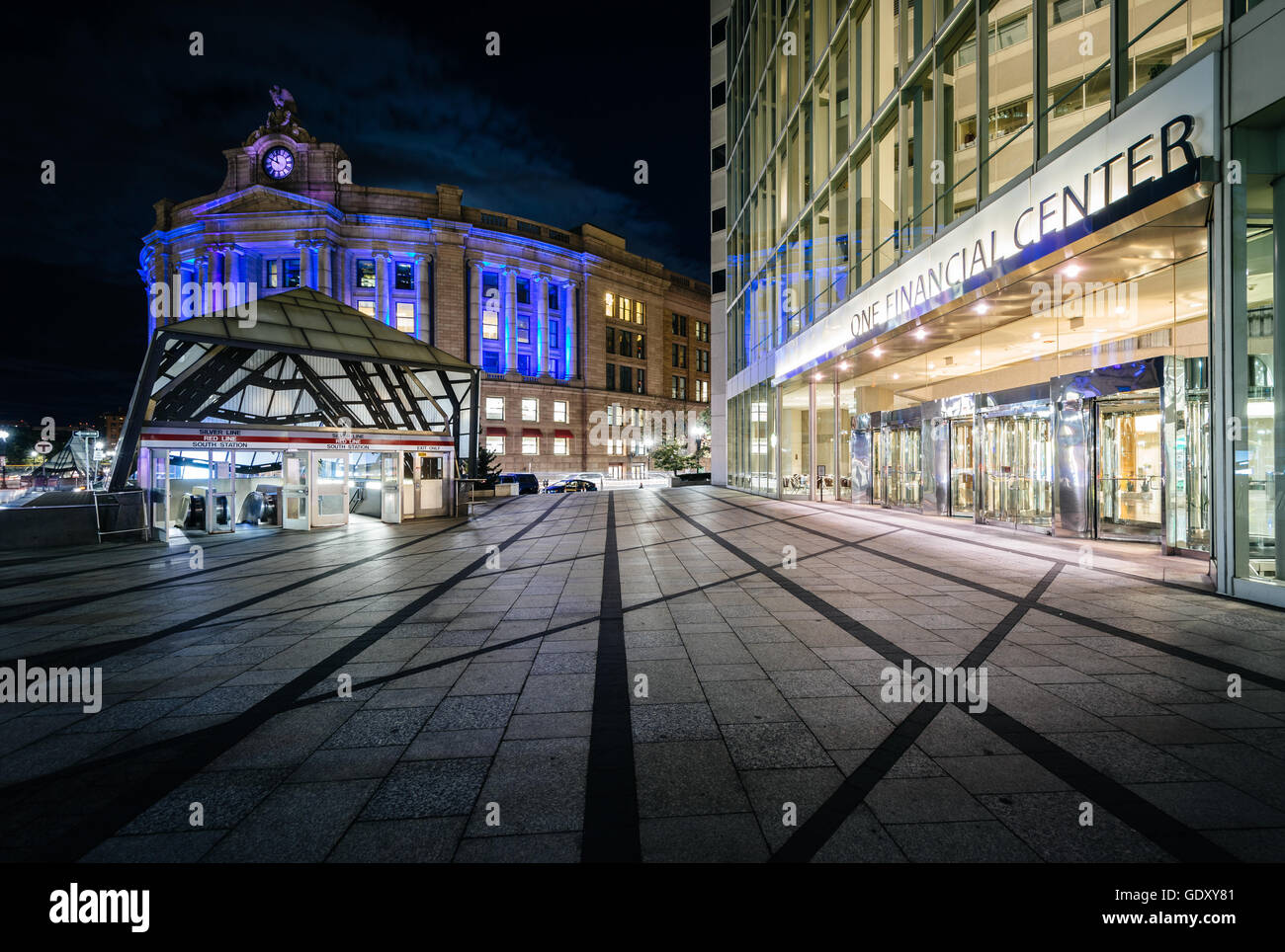 One Financial Center and the South Station at night, in the Financial District, Boston, Massachusetts. Stock Photo