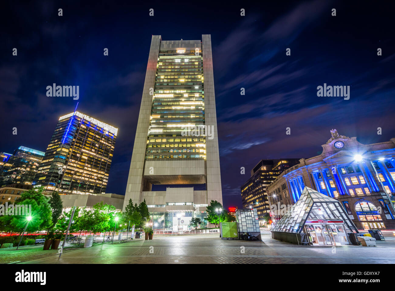 The Federal Reserve Bank of Boston and Federal Reserve Plaza Park at night, in the Financial District, Boston, Massachusetts. Stock Photo
