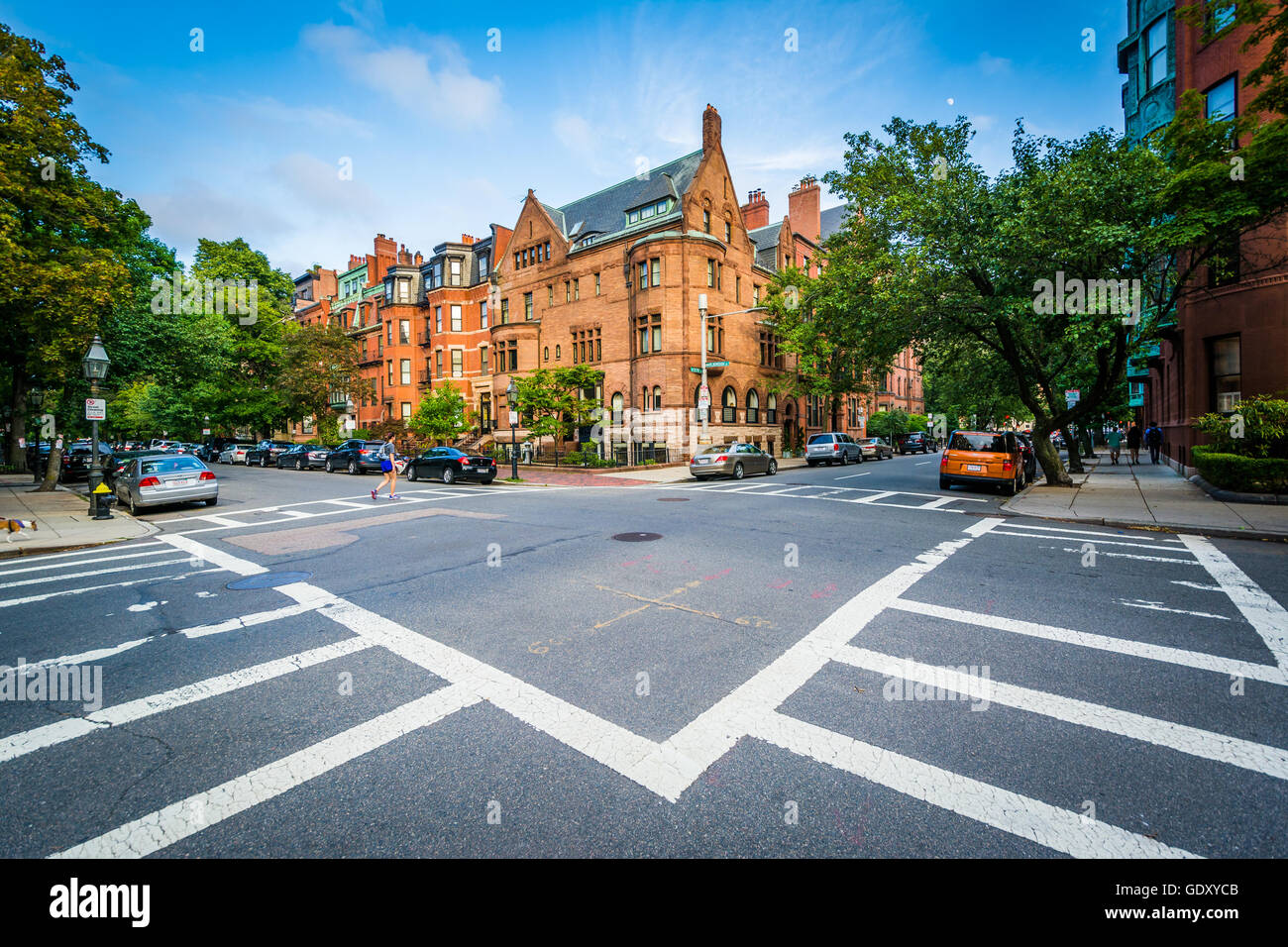 The intersection of Marlborough Street and Exeter Street, in Back Bay, Boston, Massachusetts. Stock Photo