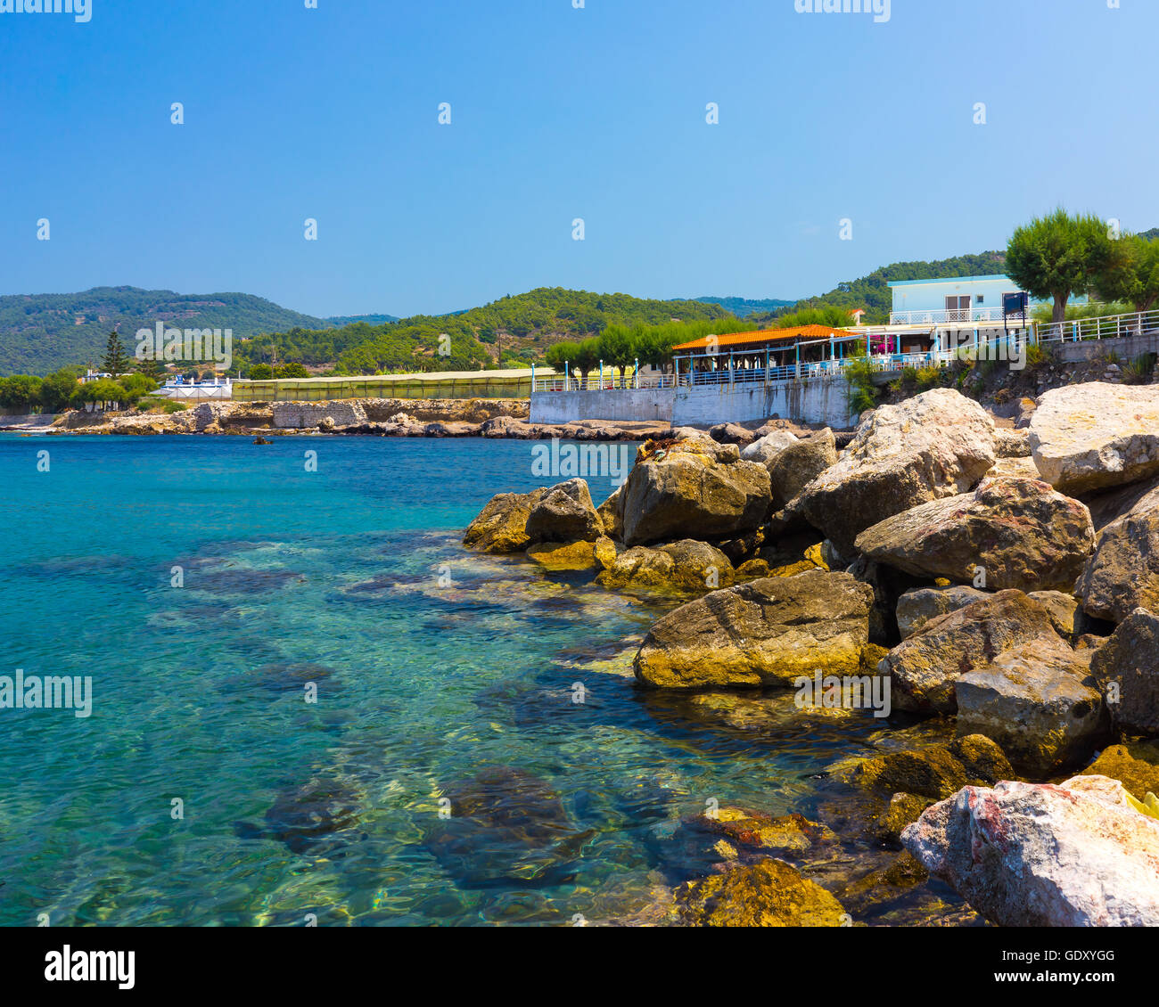 The small fishing village of Kamiros Skala Rhodes Dodecanese Greece Europe Stock Photo
