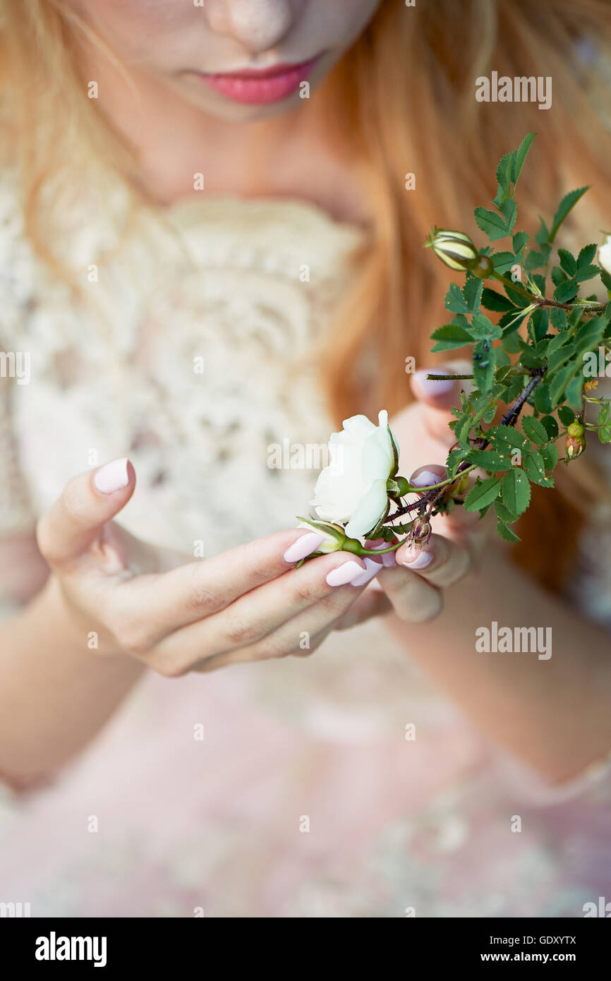 girl in a light dress holding rose on branch. Tenderness Stock Photo ...