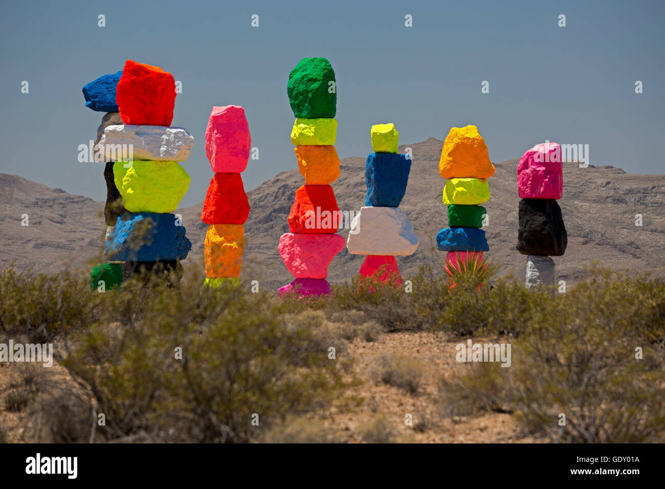 Jean, Nevada - Seven Magic Mountains, a public art installation in the desert near Las Vegas, by Swiss artist Ugo Rondinone. Stock Photo