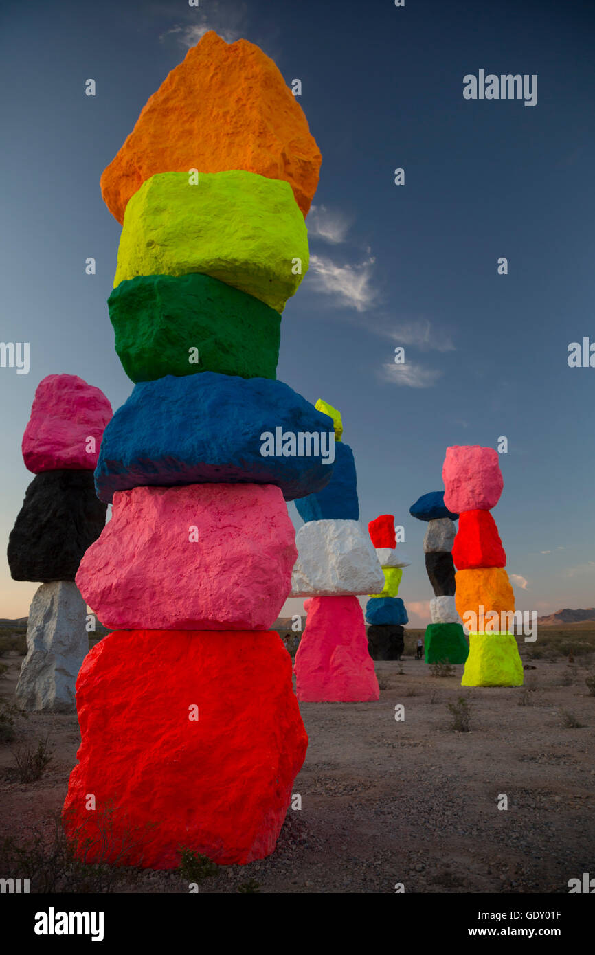 Jean, Nevada - Seven Magic Mountains, a public art installation in the desert near Las Vegas, by Swiss artist Ugo Rondinone. Stock Photo