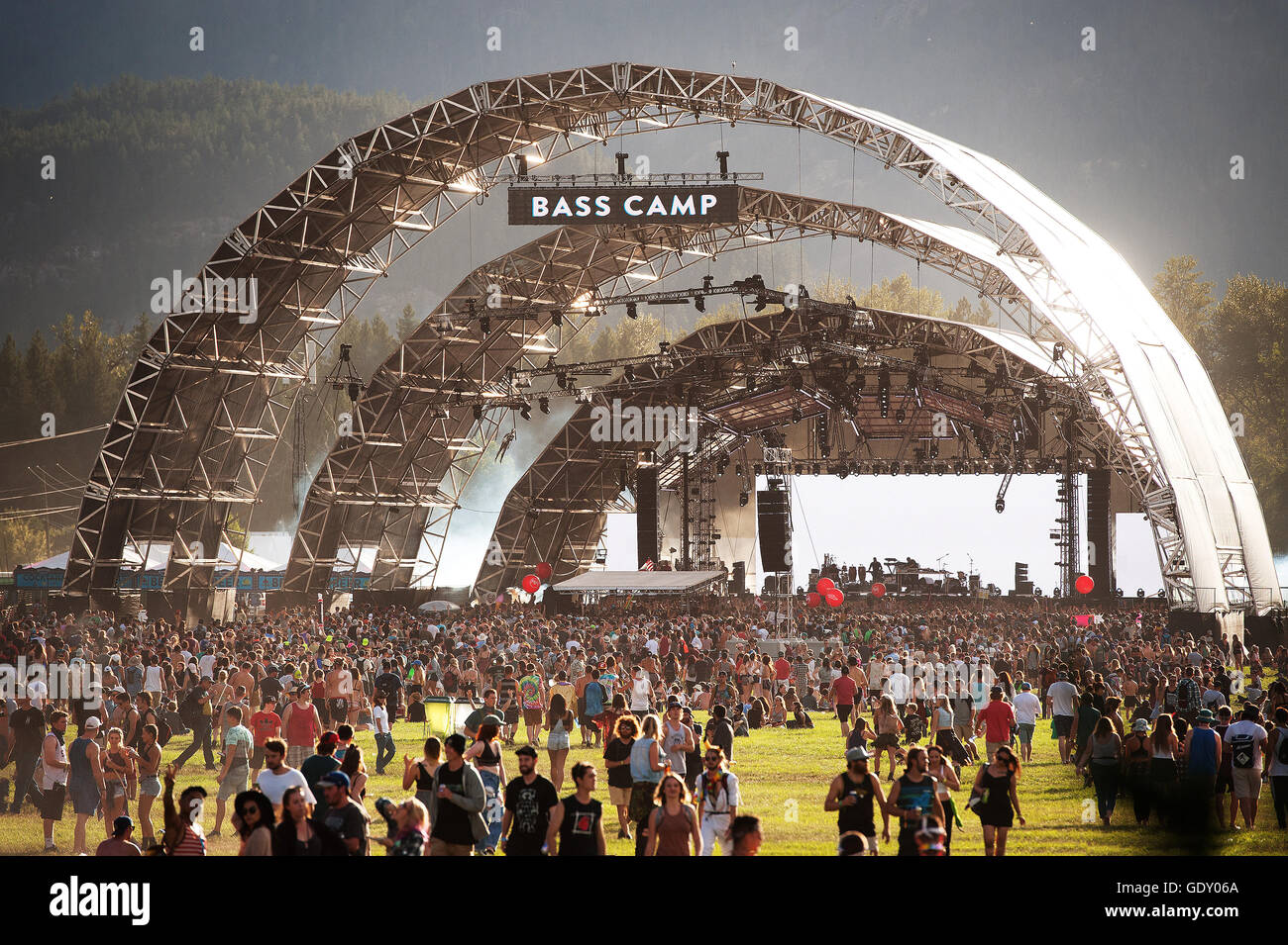 The Bass Camp stage at the Pemberton Music Festival.  EDM electronic dance music DJ.  Pemberton BC, Canada Stock Photo