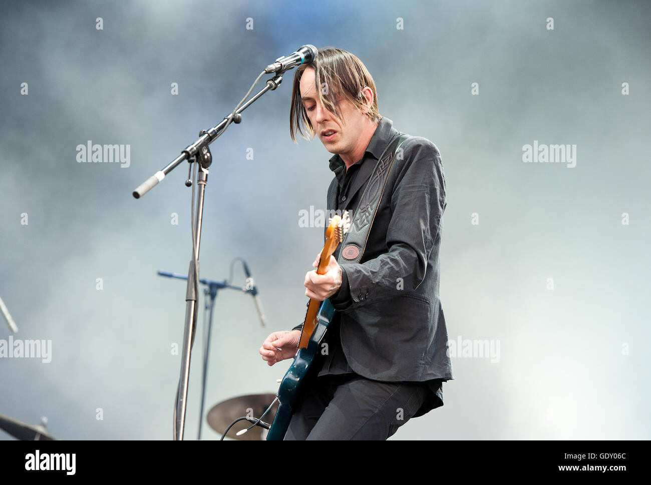 Wolf Parade in concert at the Pemberton Music Festival.  Musicians in a rock band.  Rock guitar player.   Pemberton BC, Canada Stock Photo