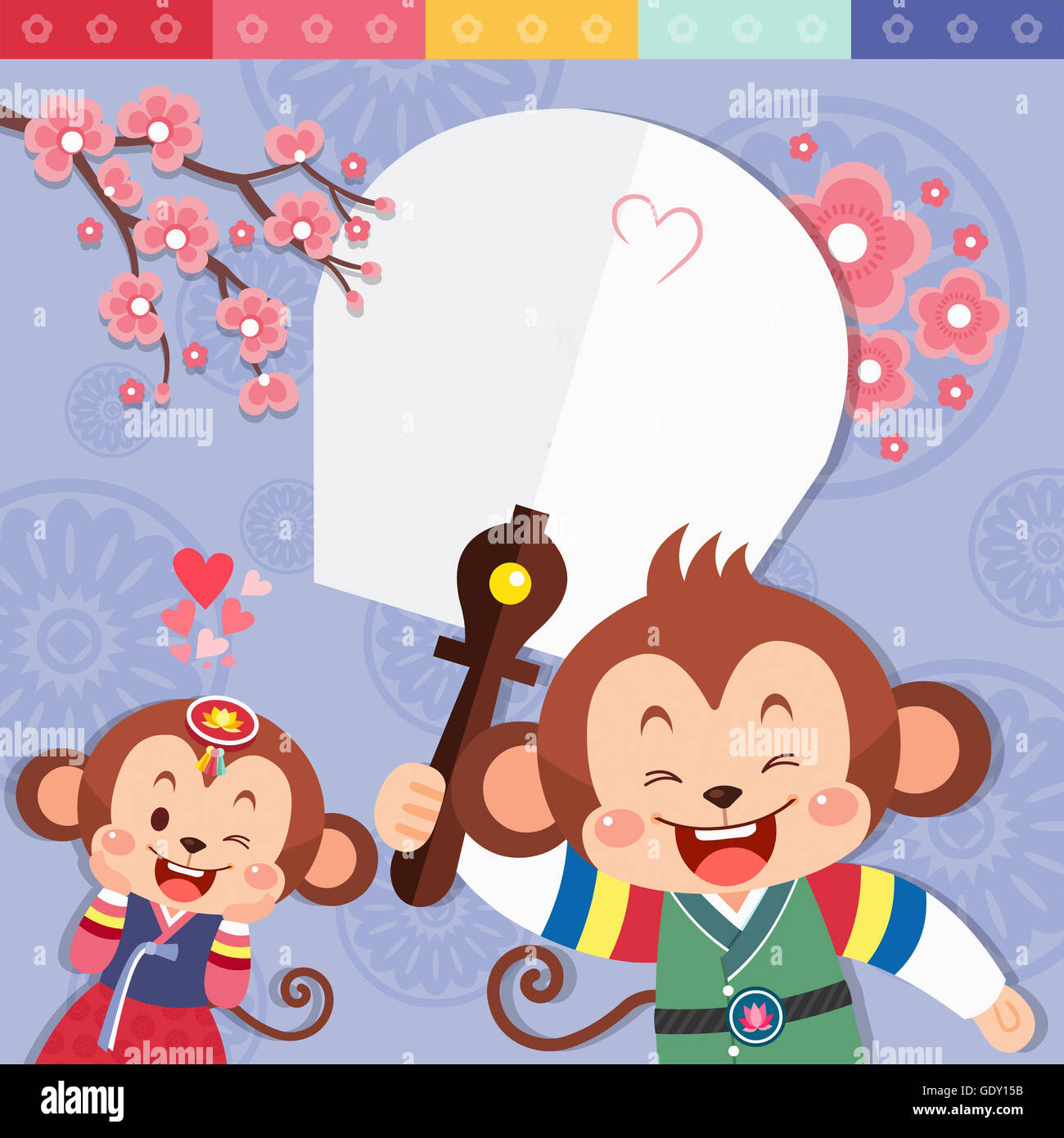 Background of new year with monkeys in traditional Korean clothes