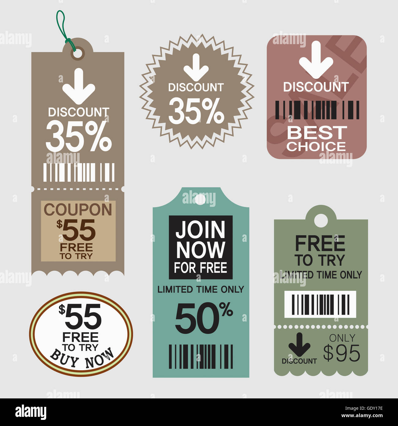 Set of various tags and coupons with sale signs and barcodes Stock Photo -  Alamy