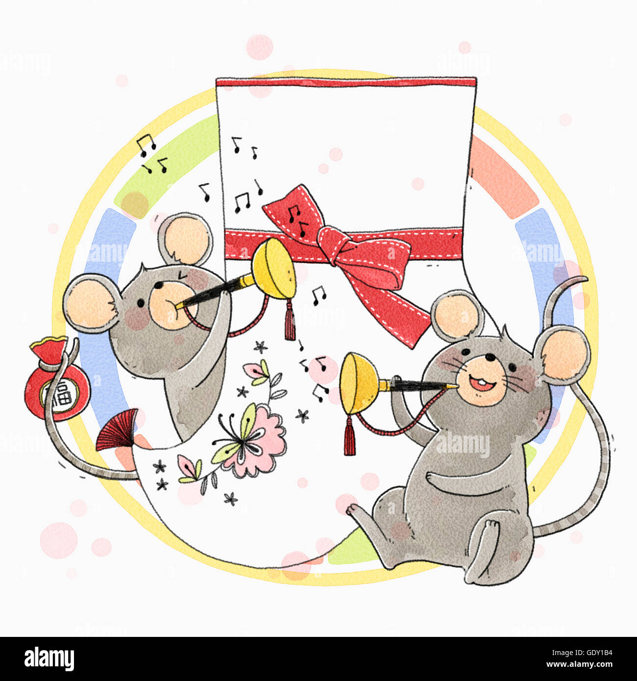 Personified smiling mice blowing horns with traditional Korean sock