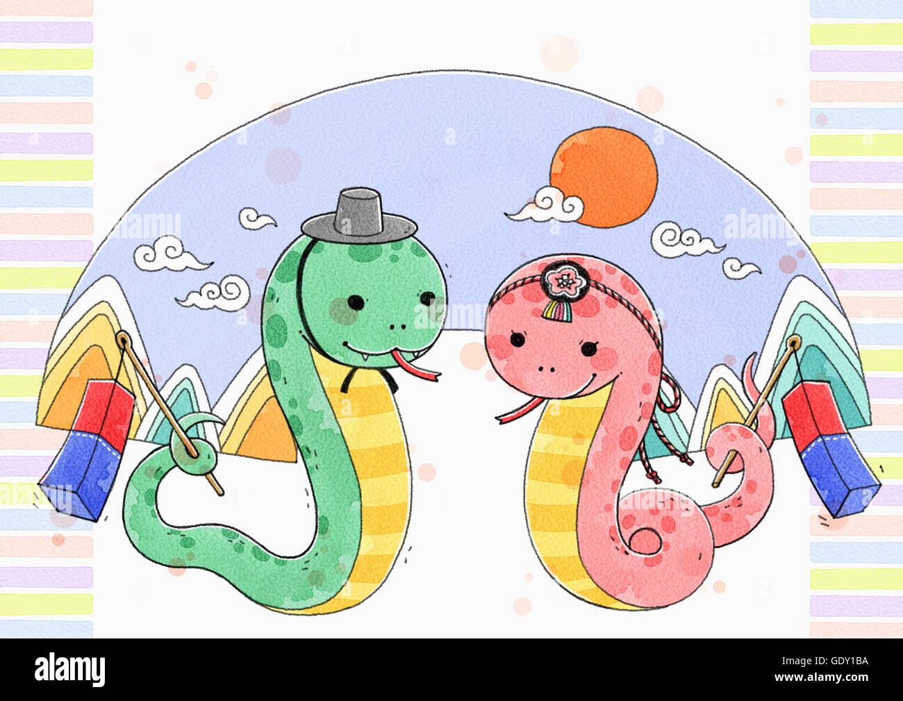 Watercolor snakes holding traditional Korean lanterns Stock Photo Alamy