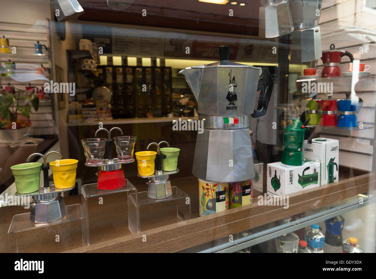 A kitchen store window with moka coffee pots in Venice, Italy Stock Photo