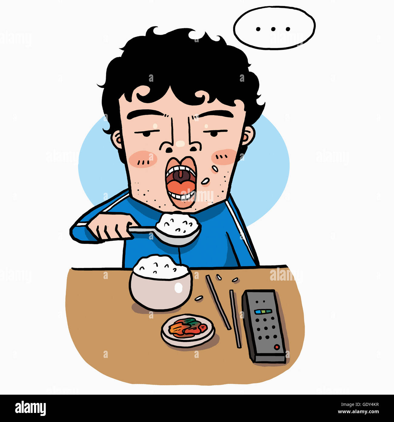 Portrait of man in blue jogging suit eating rice and gimch with remote ...