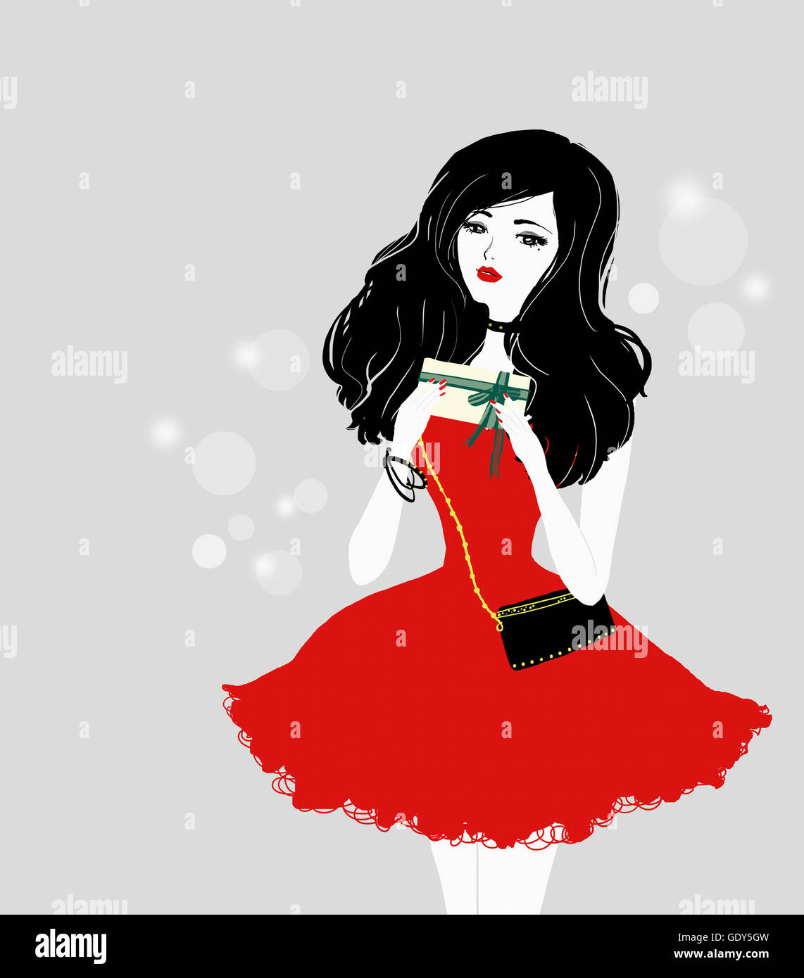 Woman with long hair in red dress holding a gift box Stock Photo - Alamy