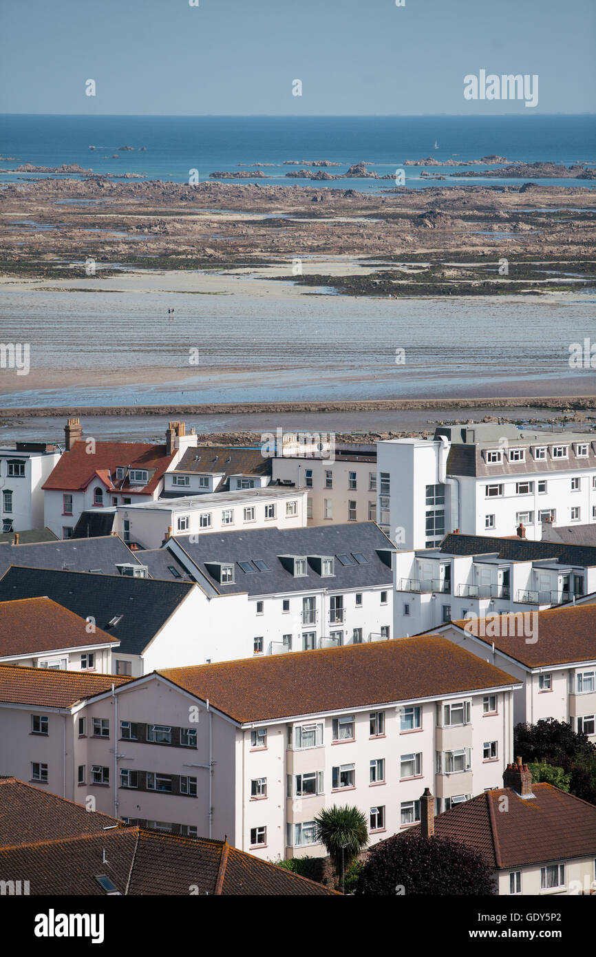 Color landscape in Jersey island with houses and beach. Stock Photo