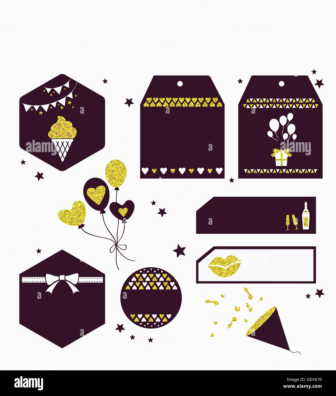 Labelled Parties Set of various labels with gold color related to party Stock Photo - Alamy