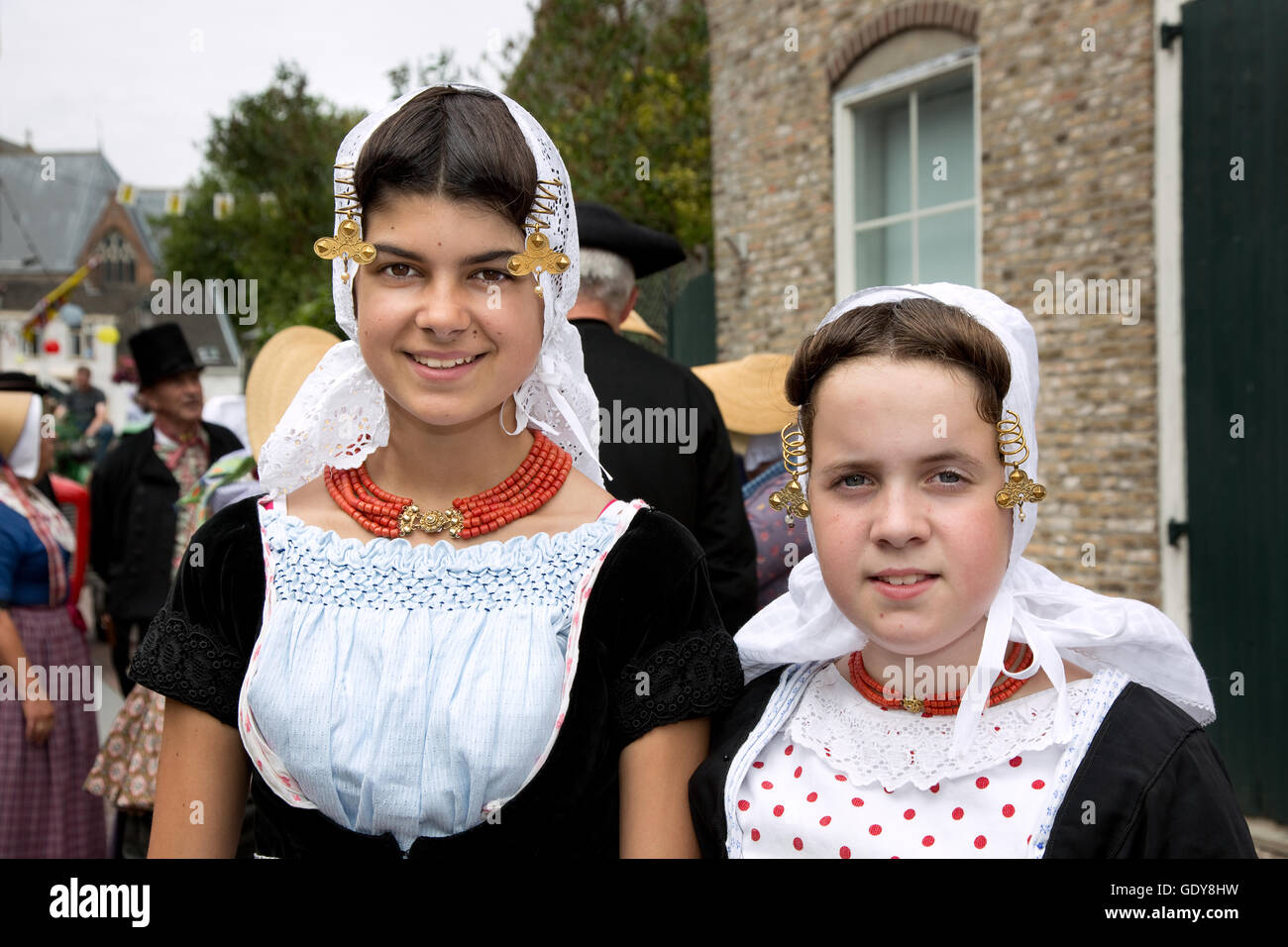 Two Dutch girls from the province of Zeeland wearing typical Stock