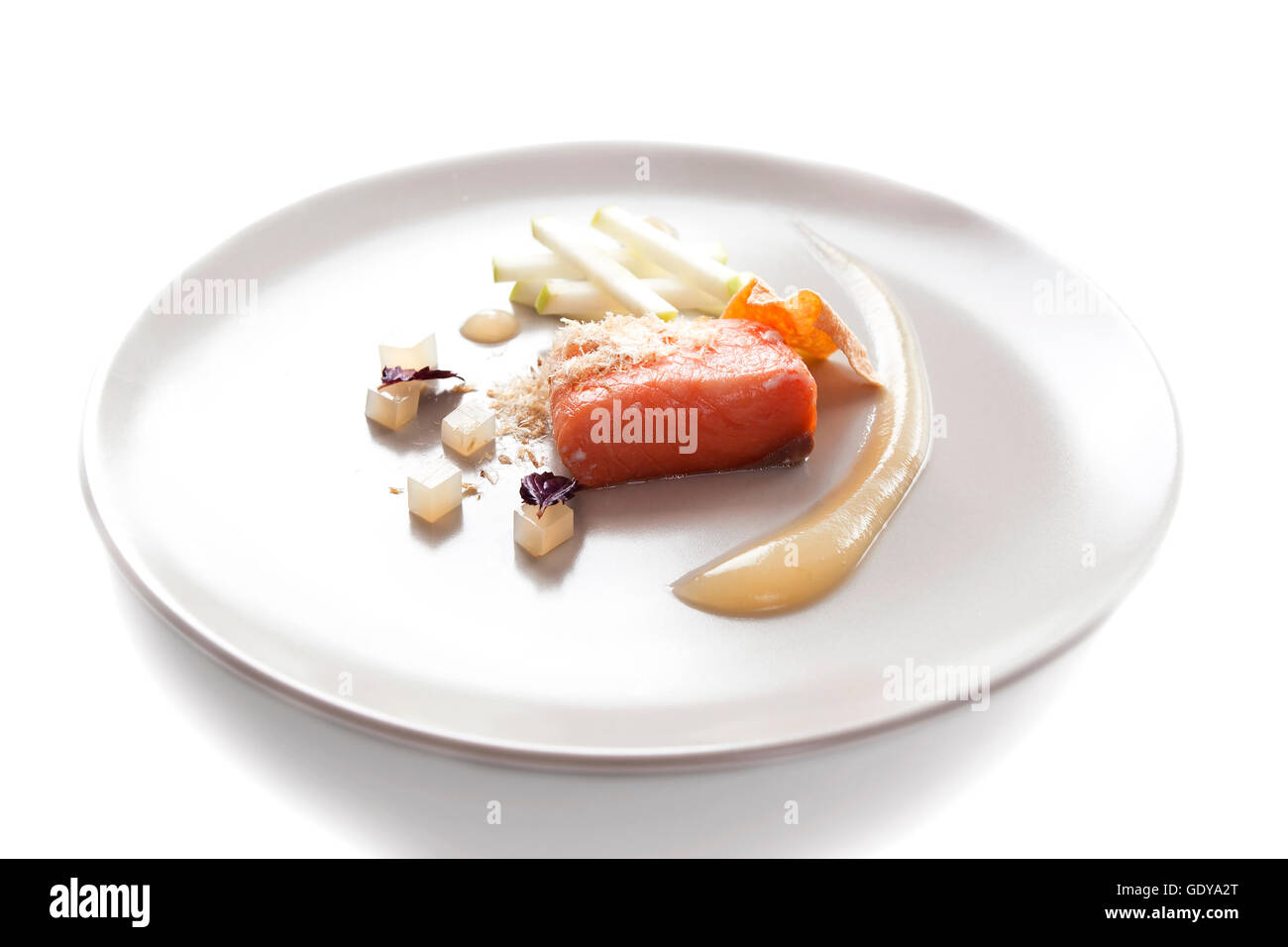 Molecular modern cuisine red fish in a dish with beautiful garnish