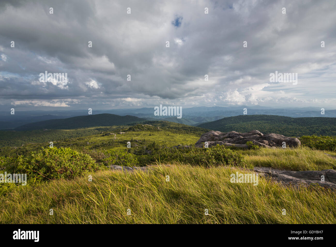 View of Appalachian Mountains along the Appalachian Trail in Grayson Highlands, Virginia. Stock Photo