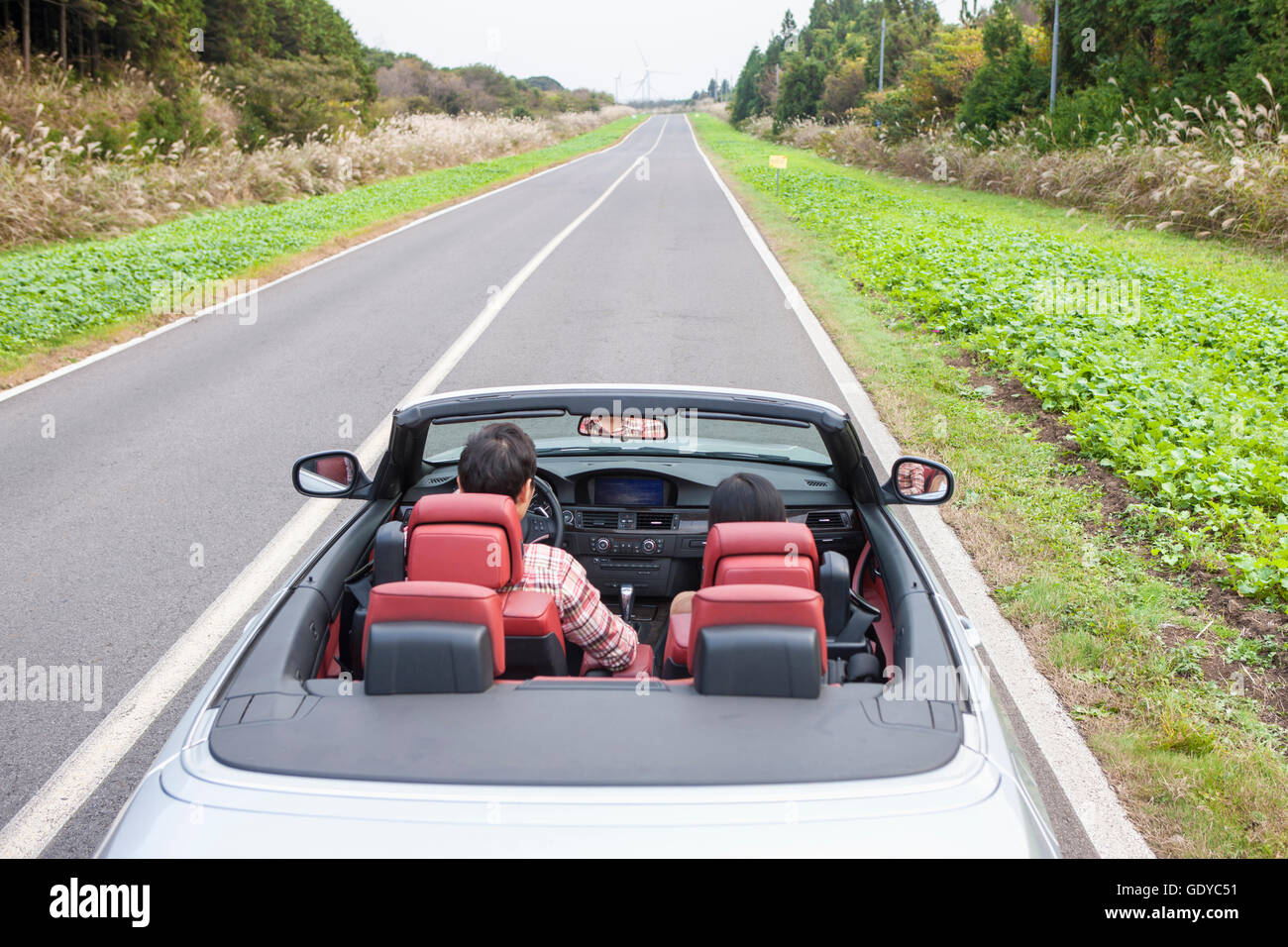 Back of young couple in a car Stock Photo