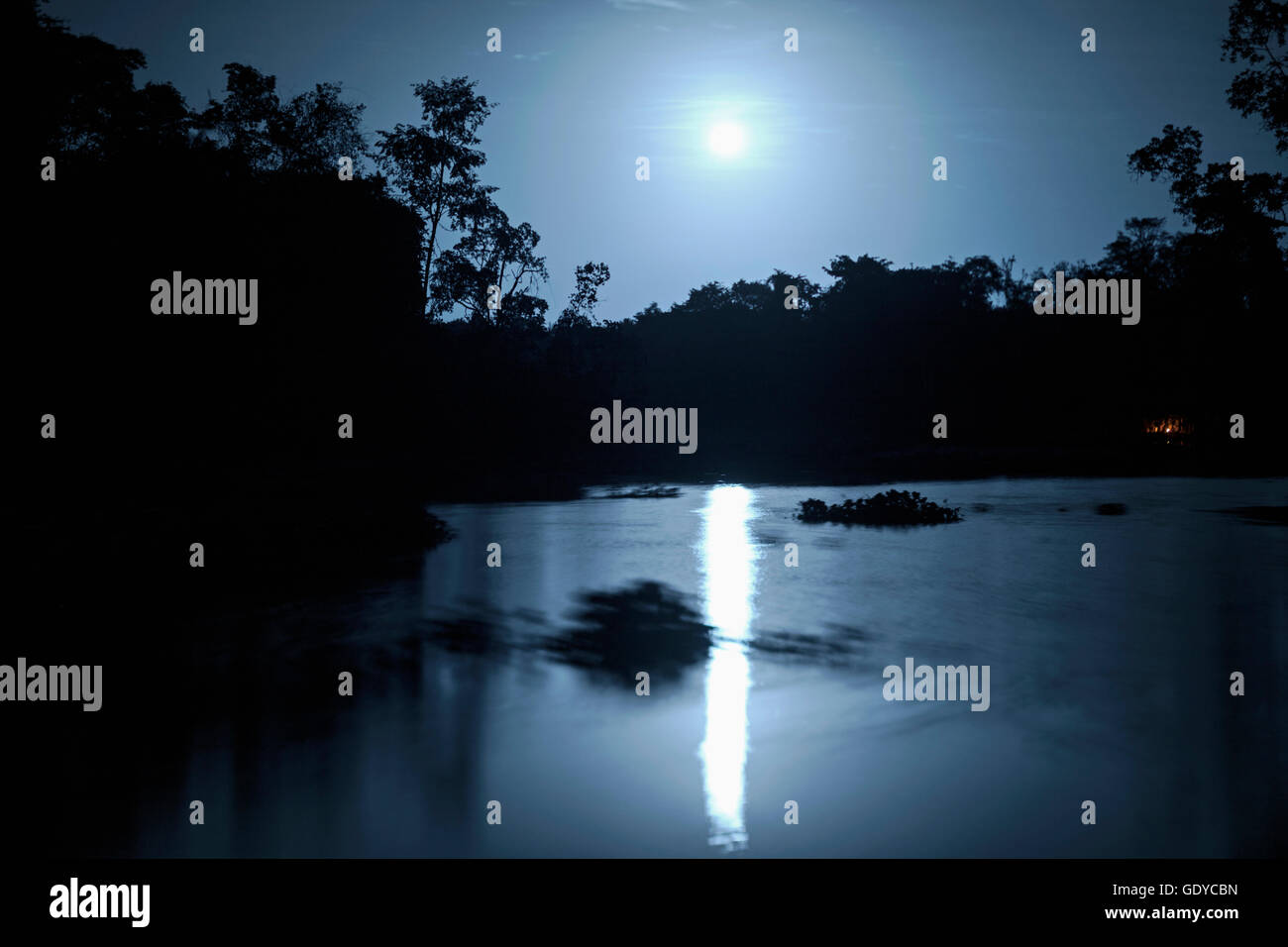 Reflection of moon in river, Orinoco River, Orinoco Delta, Venezuela Stock Photo