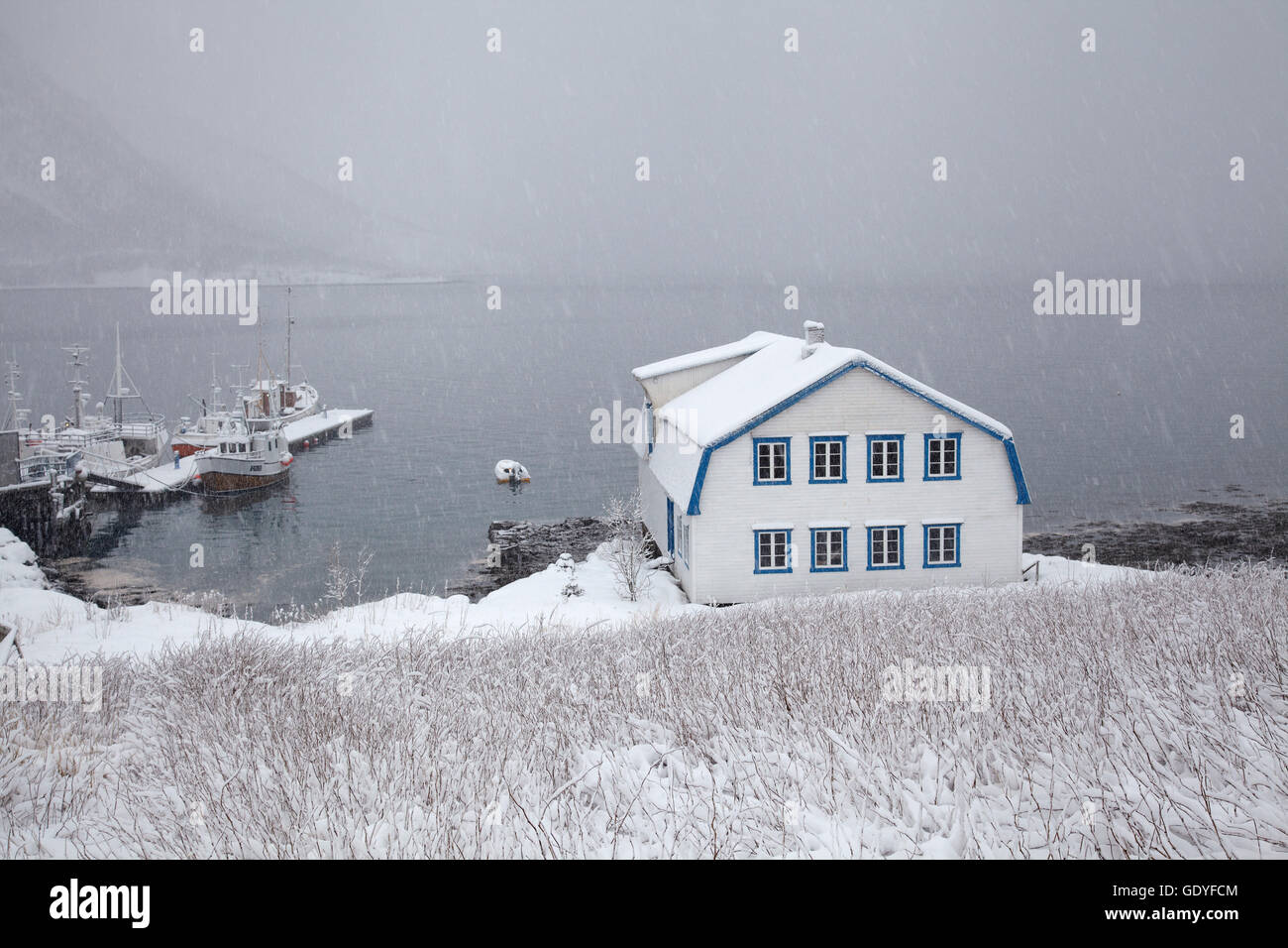 geography / travel, Norway, Fishing village of Torsken in winter, Senja, Troms, Additional-Rights-Clearance-Info-Not-Available Stock Photo