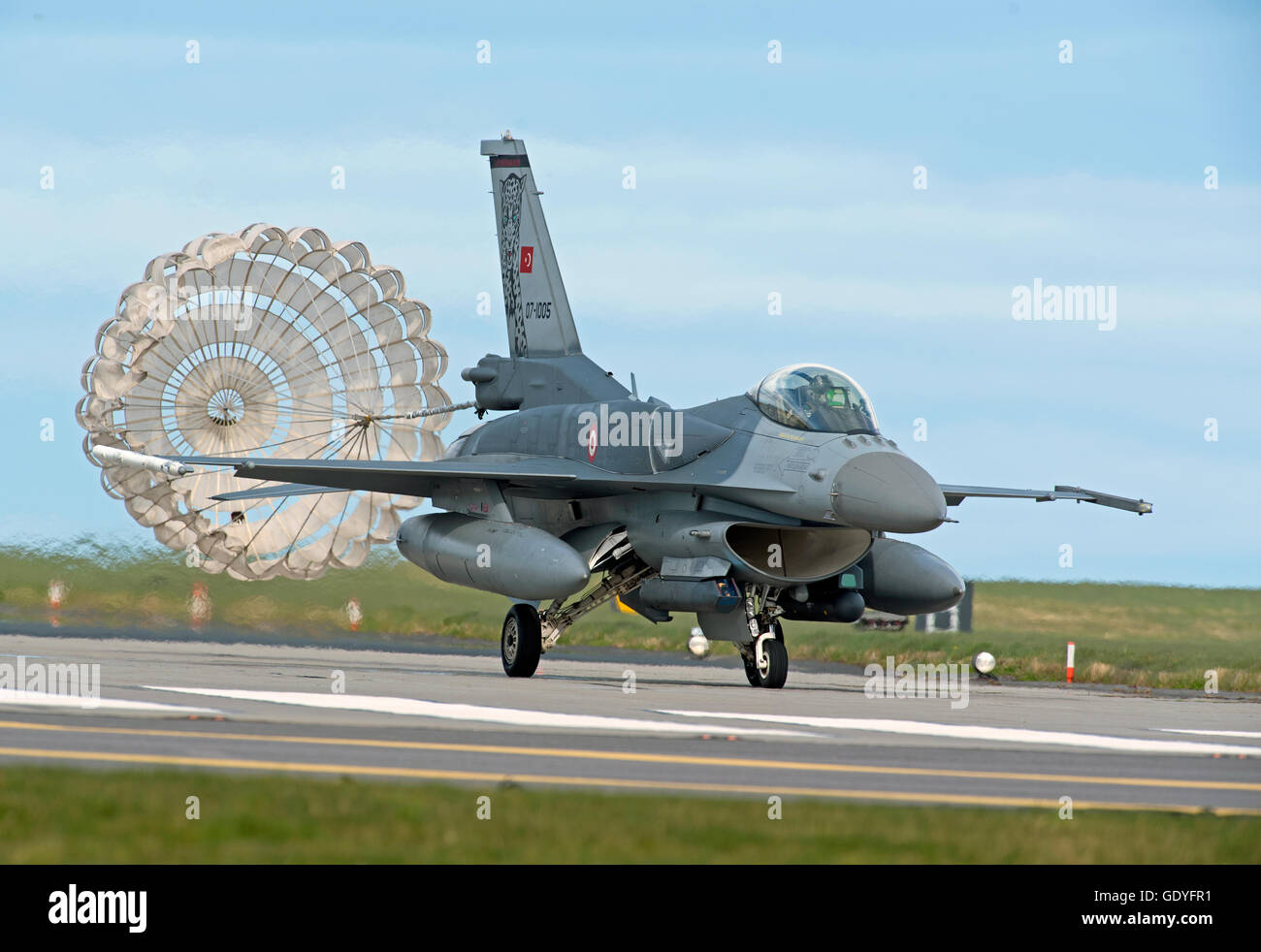 Turkish Air Force General Dynamics F16 Single seat Jet fighter Air Brake chute deployed RAF Lossiemouth Exercise.  SCO 10,763. Stock Photo