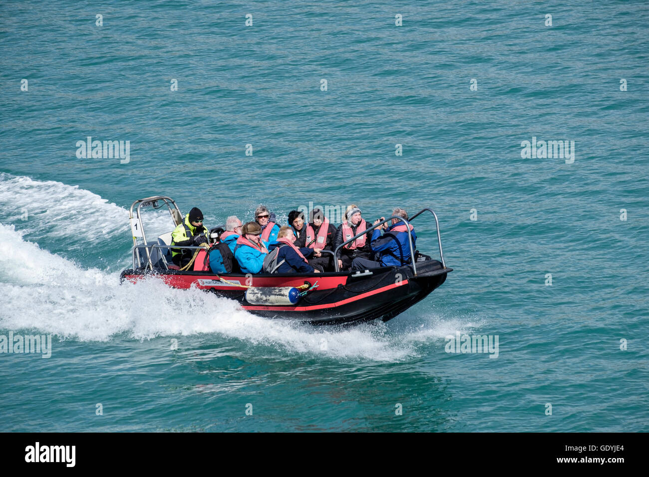 A Polarcirkel tender boat speeds across sea carrying passengers wearing life jackets to MV Fram in summer. Western Greenland Stock Photo