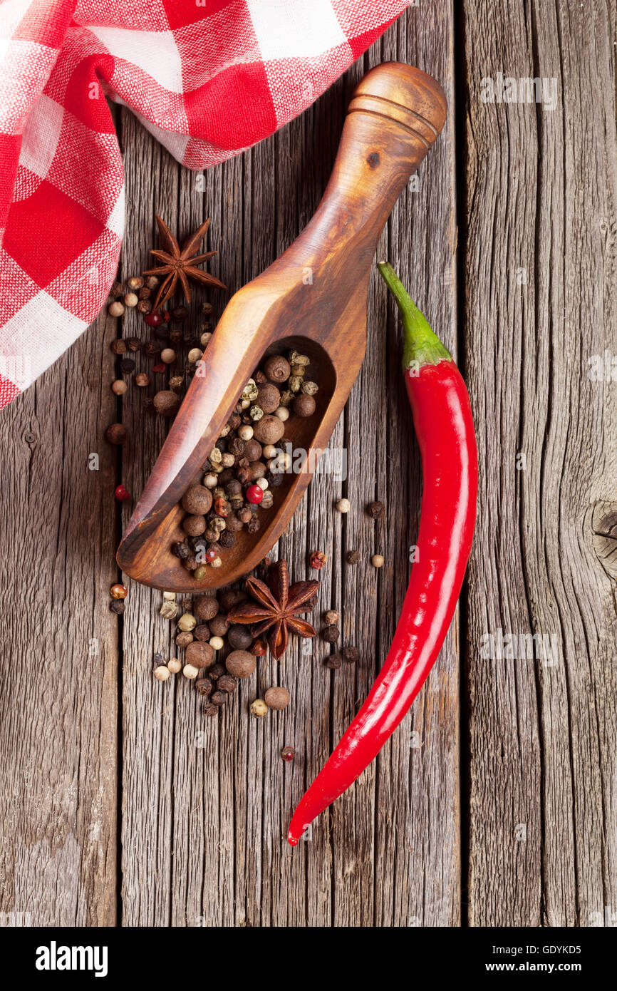 Spices on wooden table. Top view Stock Photo