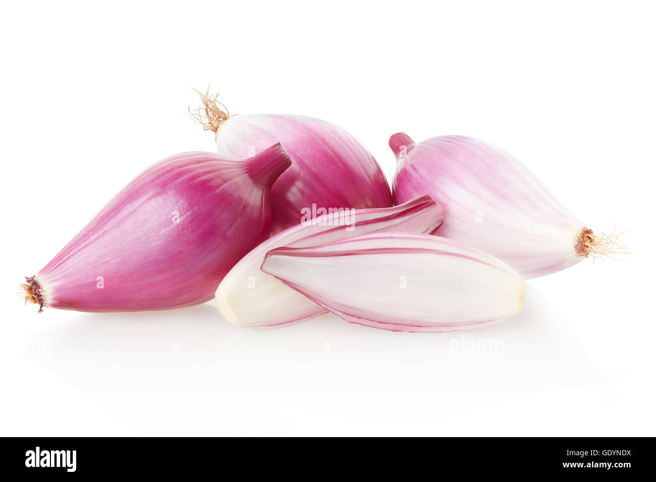 Red onions and section, Tropea type on white, clipping path Stock Photo