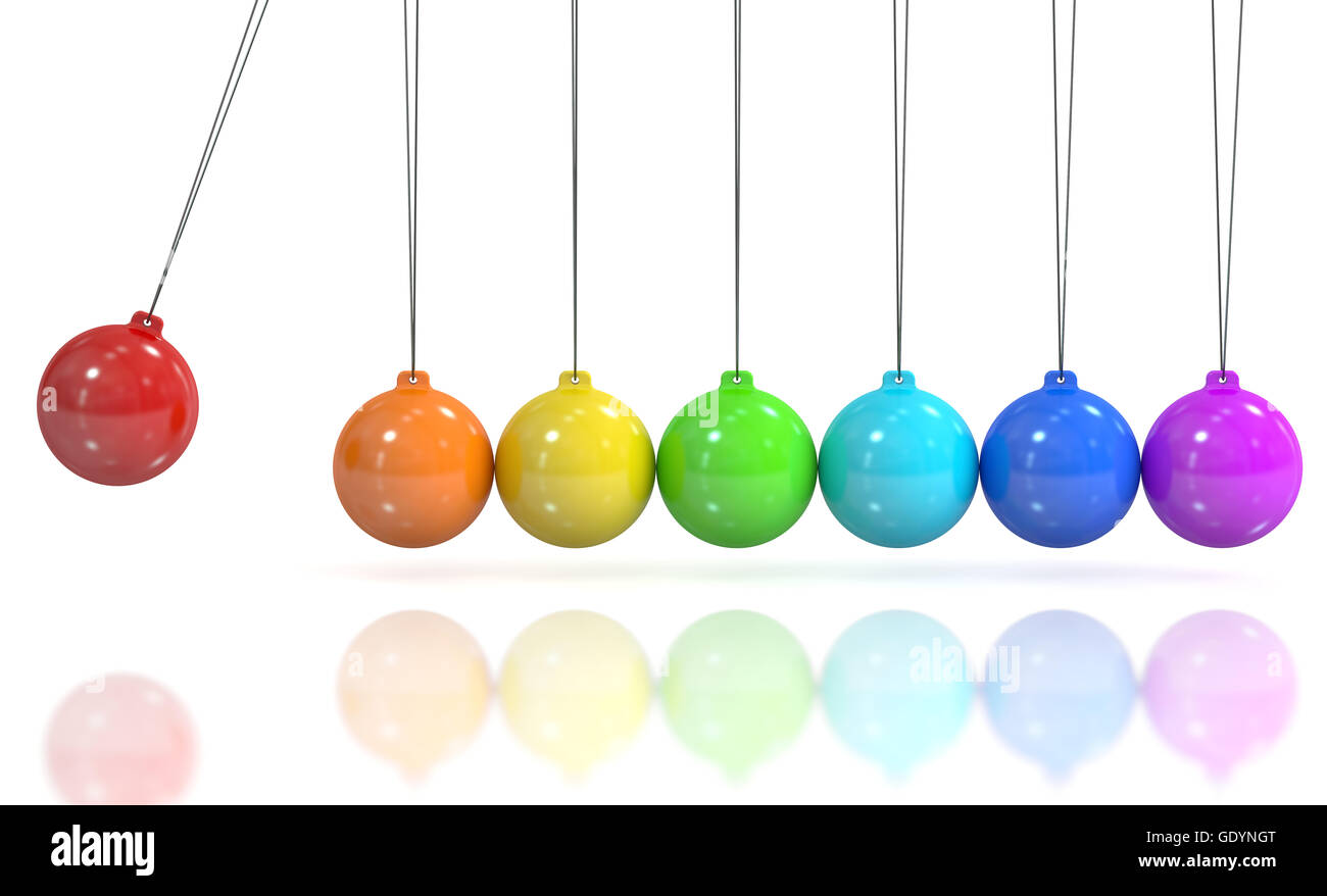 Colored Newton's cradle, pendulum. 3D rendering isolated on white background Stock Photo