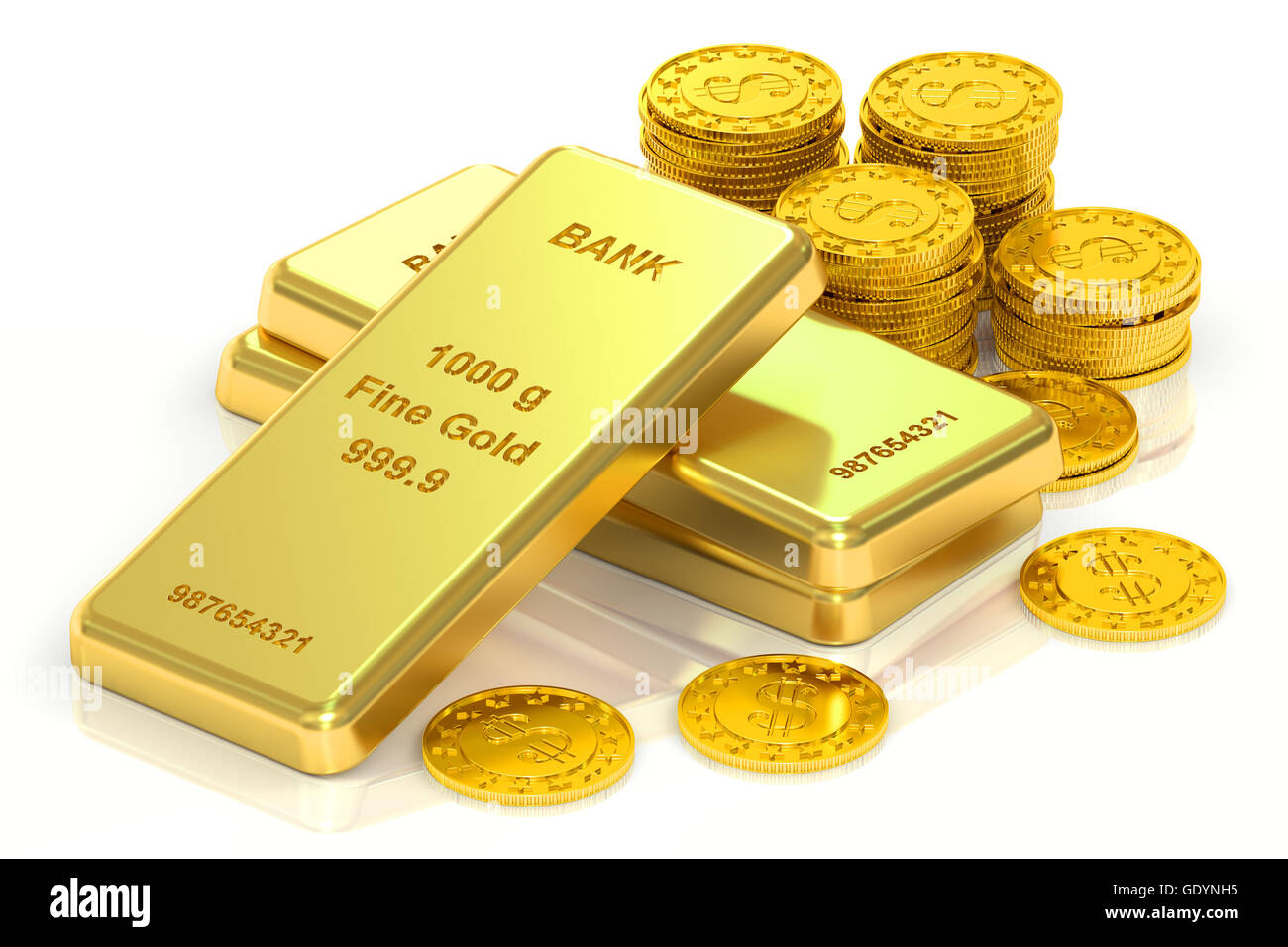 Gold ingots and coins, 3D rendering isolated on white background Stock Photo