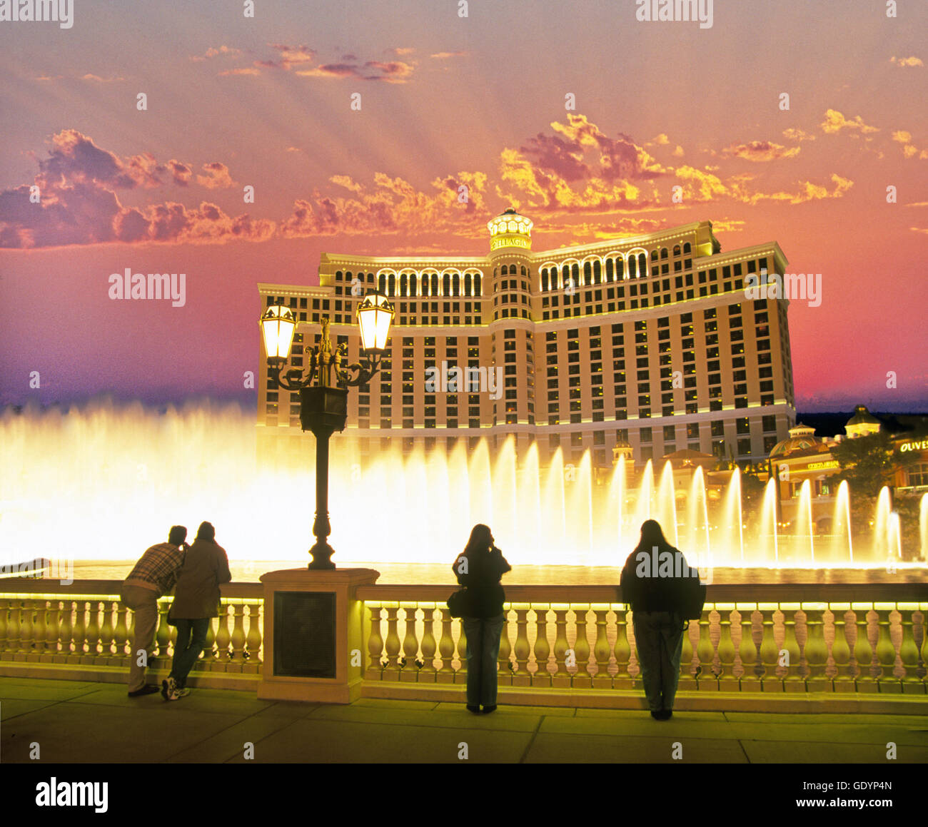 Evening light show from the Bellagio fountains at the Bellagio Hotel in Las Vegas, Nevada Stock Photo