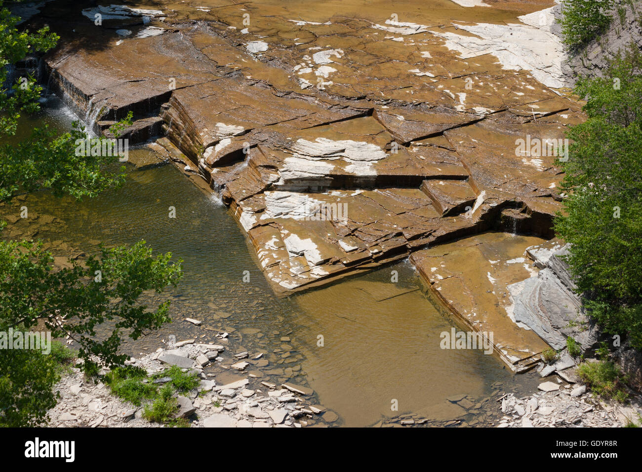 Tully Limestone forms Taughannock Creek's bed, in Taughannock Falls Gorge, NY. Stock Photo