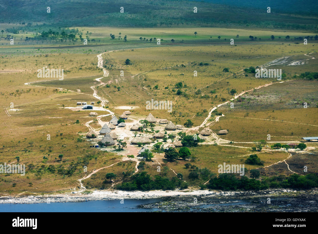 Aerial view of grass huts in village, Canaima National Park, Venezuela Stock Photo