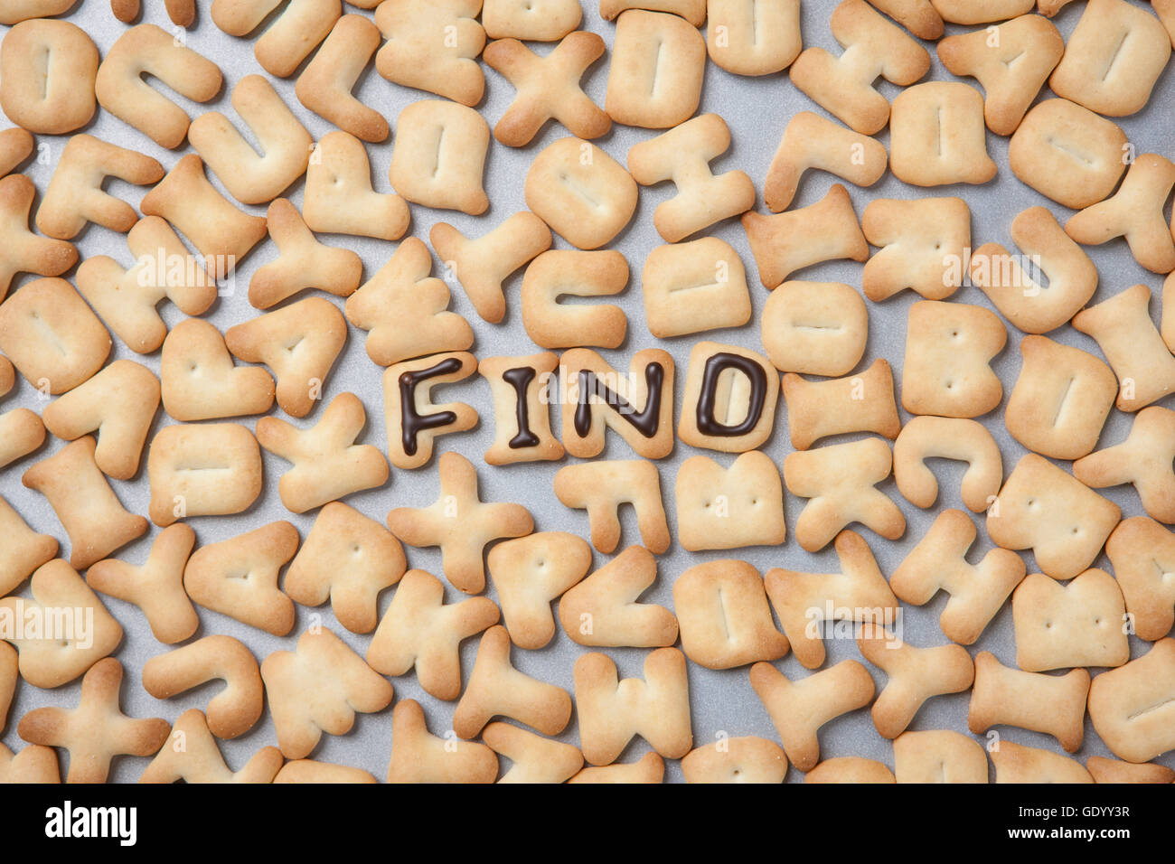 Full screen of alphbet cookies with typographical word of FIND Stock Photo