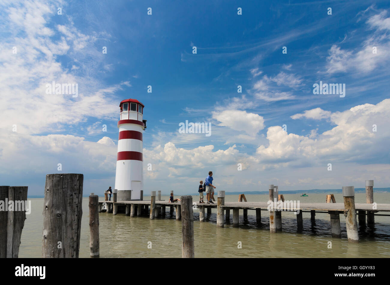 Podersdorf am See: Harbour with Lighthouse at Lake Neusiedl, Austria, Burgenland, Neusiedler See Stock Photo
