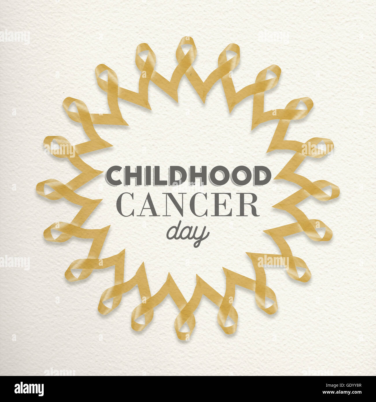 Childhood cancer day mandala design made of gold yellow ribbons with typography for awareness support. Stock Photo
