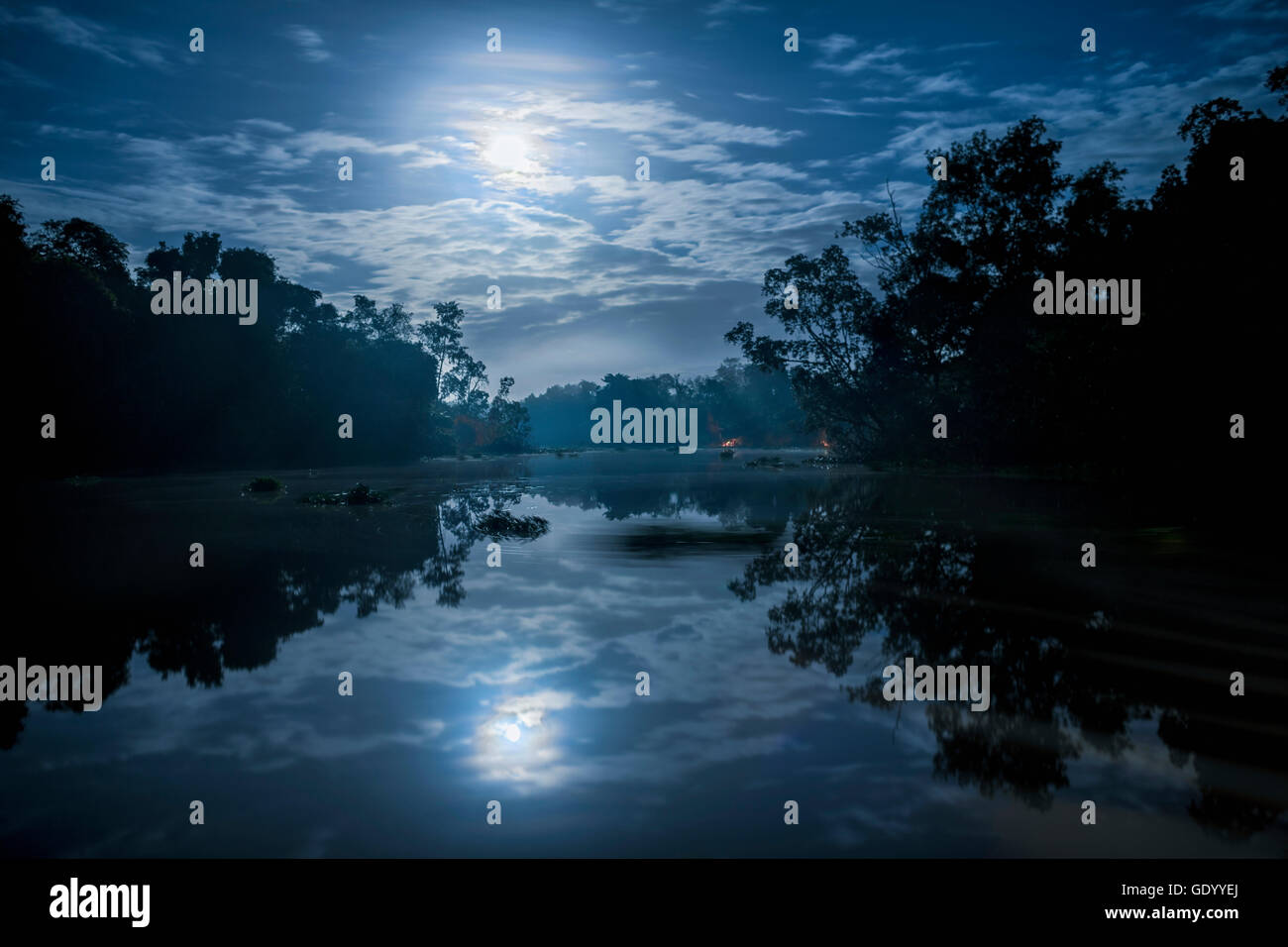 Reflection of moon in river, Orinoco River, Orinoco Delta, Venezuela Stock Photo