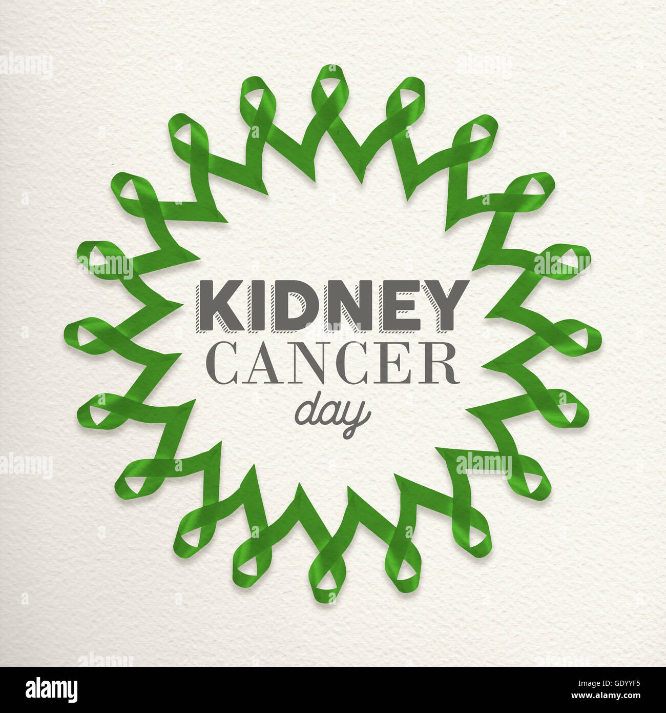 Kidney cancer day mandala design made of green ribbons with typography for awareness support
