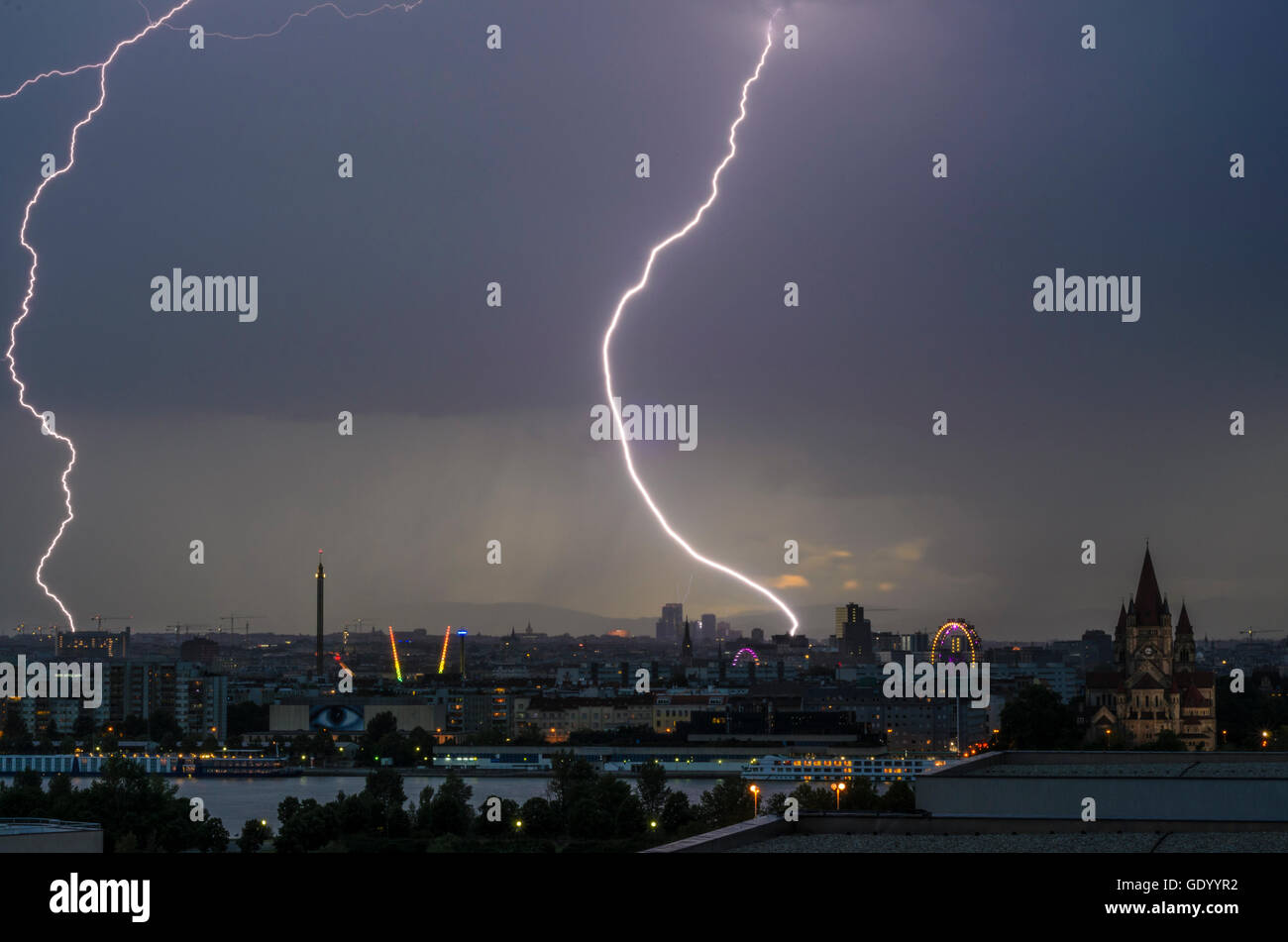 Wien, Vienna: Thunderstorm with lightning over the Prater and the skyscrapers Wienerberg, Austria, Wien, 22. Stock Photo