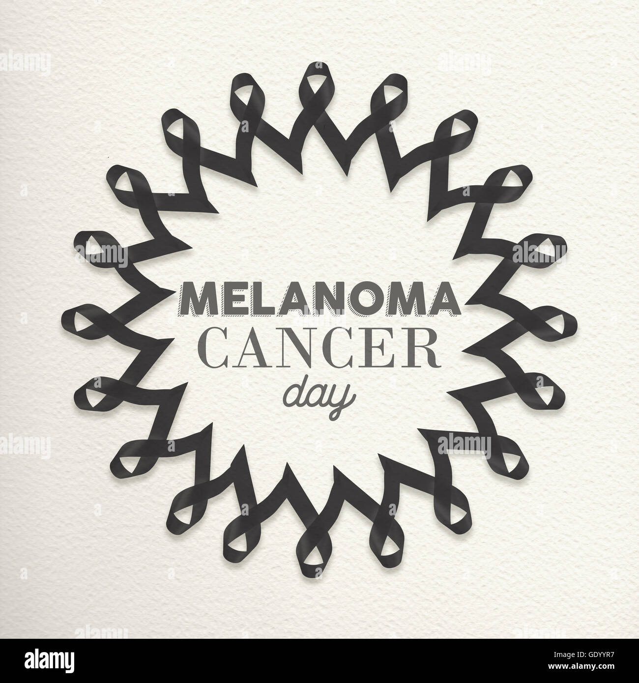 Melanoma cancer day mandala design made of black ribbons with typography for awareness support. Stock Photo