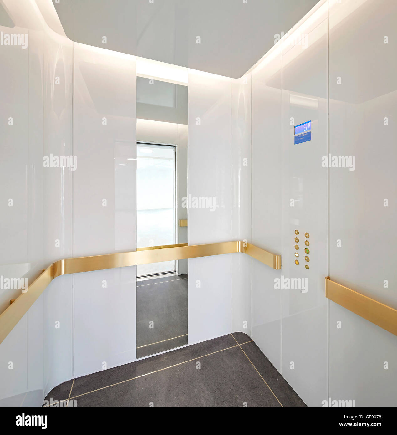 Elevator interior. Turnmill Building, London, United Kingdom. Architect