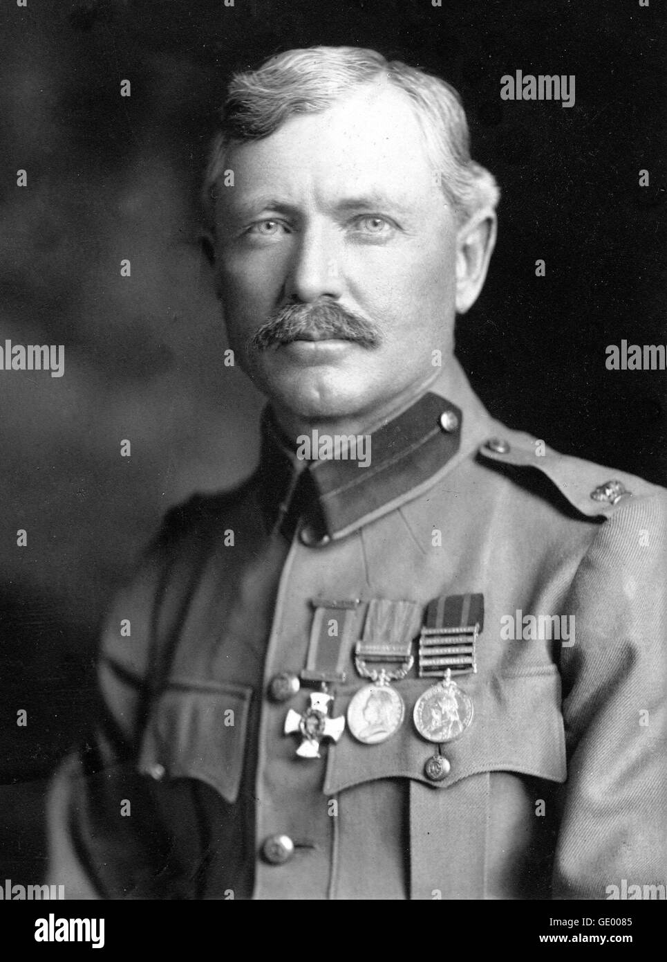 FREDERICK BURNHAM (1861-1947) American-born scout and adventurer here in British Army uniform in 1901 while working for the British in colonial Africa. He is wearing from left: the  DSO, Queen's South Africa Medal, British South Africa Company Medal Stock Photo